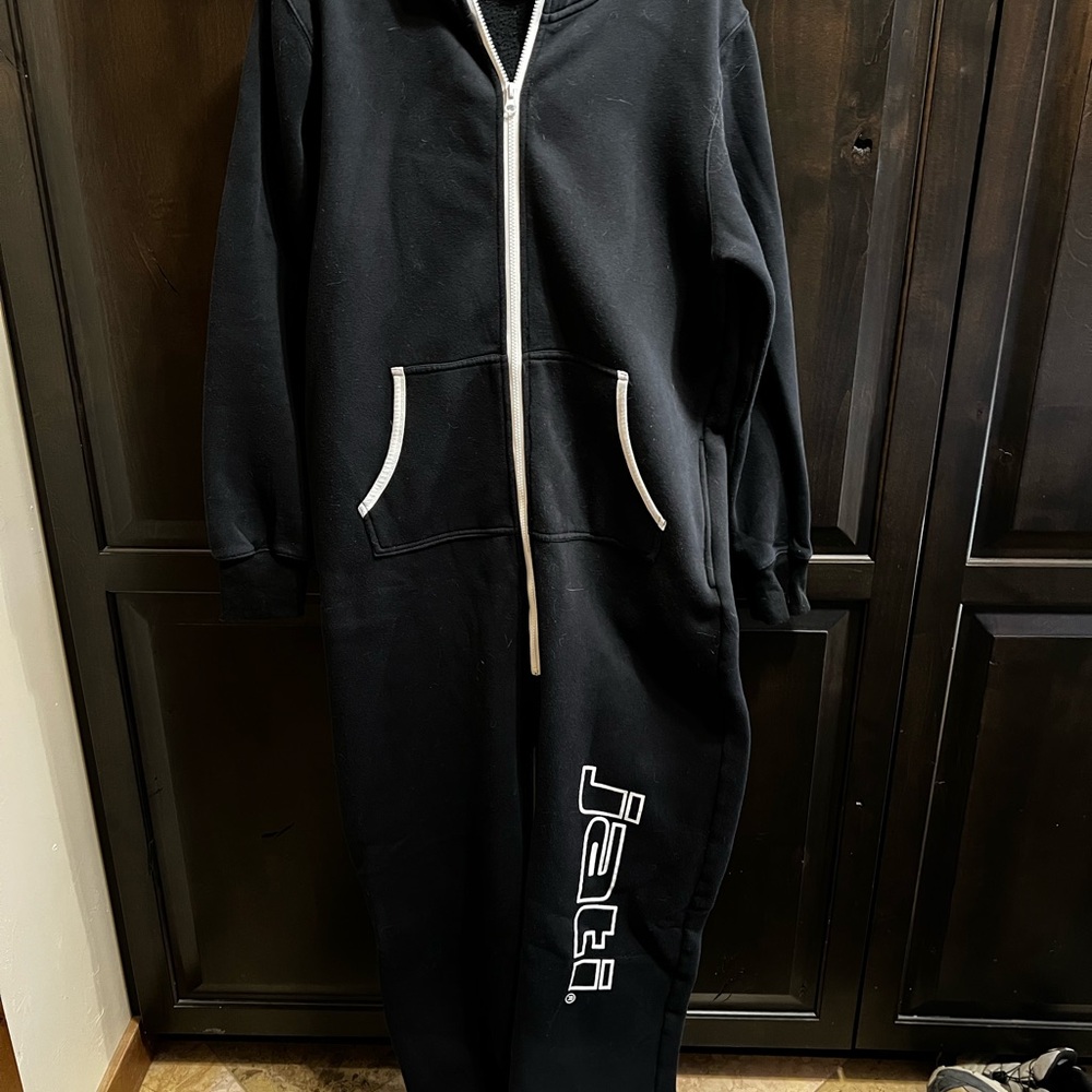 Black One-Piece Zip Hoodie Jumpsuit with White Trim